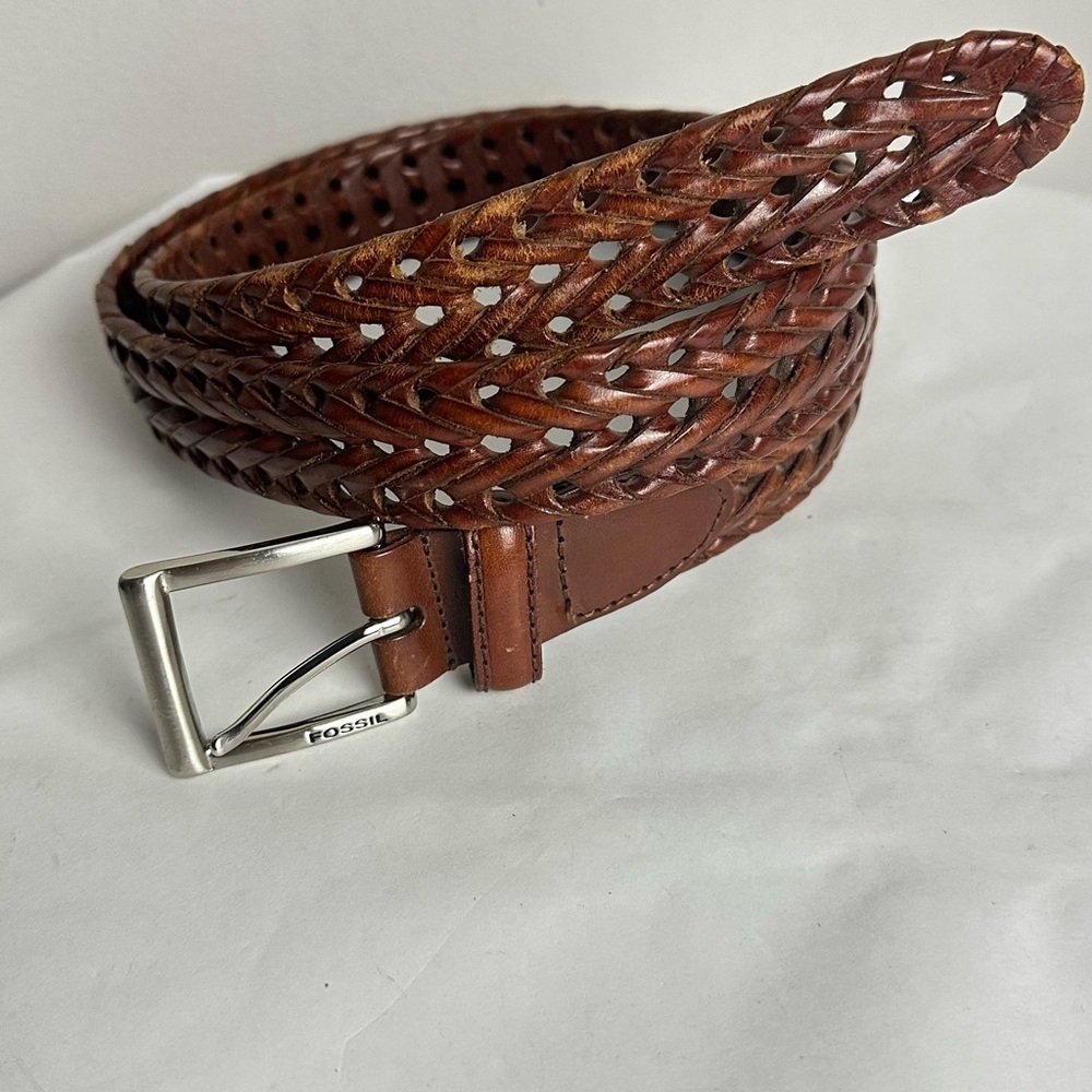 Fossil Brown Woven Leather Belt with Silver Buckle